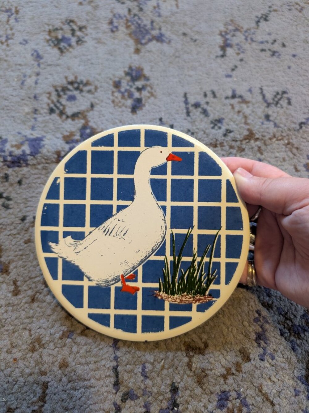 Vintage Goose Blue White Checkered Hot Plate Trivet Ceramic Round 6" Cottage